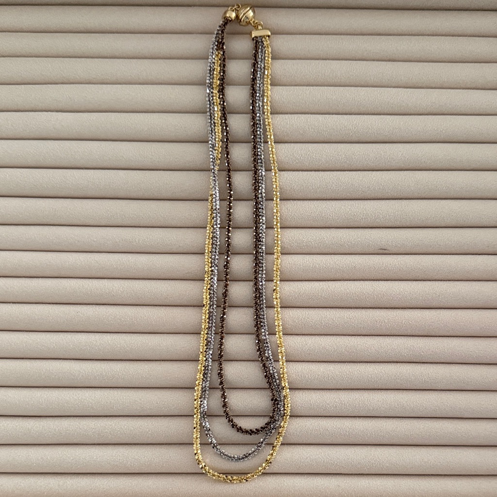 Multi-Strand Gold, Silver & Gunmetal Layered Necklace
